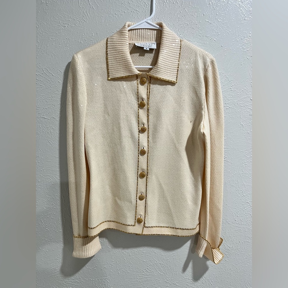 St John Evening Crystals Paillette Jacket Cardigan Gold Button Size 6 *FLAWS*
